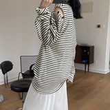 Nukty Spring And Autumn Women's Casual Striped Sweatshirt Round Neck Long-sleeved Off-the-shoulder Loose Sweater