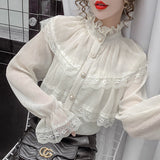 Nukty Solid Patchwork Elegant Blouse Women Spring Lace Designer Chiffon Bouse Female Office Lady Casual French Korean Tops Women