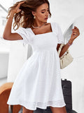 Elegant Dress Women New Summer Solid Color Square Collar Short Sleeve High Waist A Line Causal Dresses
