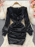 Nukty Autumn New Celebrity Sexy Square Neck Satin Dresses Long Sleeve Women White Hip Wrap Slim Pleated Mini Short Dress