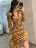 New Prom Party Fashion Women's Stain Dresses Slim Skinny V-neck Hip Mini Dress Urban Ladies Pleated Long Sleeve Sexy Dress
