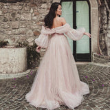 Nukty Pink Shiny Tulle Prom Dresses Off The Shoulder Long Puff Sleeve Evening Party Gowns Slit Women Arabia Wedding Dress