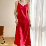 Nukty Tri-Acetate Satin Silky V-Neck Temperament Female Summer Beautiful Silk Suspender Dress New Long Skirt Is Thin