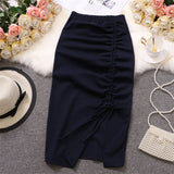 Nukty Women Solid Drawstring Sheath Skirts Elastic High Waist Female Fashion Bodycon Irregular Midi Pencil Skirts