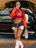 Nukty Women Crop Jacket Red PU Leather Patchwork Letter Short Baseball Coat Autumn High Street Hot Y2K Casual Jackets Tops