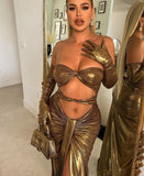 Nukty Pu Leather Strapless Draped Folds With Gloves Hollow Out Slit Maxi Prom Dress Sexy Fall Elegant Evening Party Y2K
