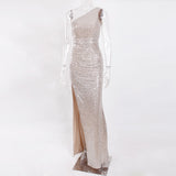 Nukty One Shoulder Silver Navy Stretchy Party Dress Sequin Hollow Out Split Leg Floor Length Bydocon Long Dresses