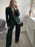Nukty Woman Elegant Dark Green Straight Blazer Suits Autumn Female Solid Basic Matching Set Ladies Medium Waisted Pants Suit