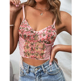 Nukty Women Sexy Pink Tank Top Flower Embroidery V-neck Summer Slim Camisole Female Tie-Up Crop Tank Tops Vest Spaghetti Straps Camis