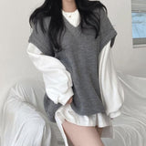 Nukty Sweater Vests Women Knitted Tank Sweaters V-neck Solid Sleeveless Casual Long Sleeves Vintage Spring/Autumn Female High Street