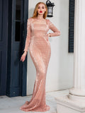 Long Evening Mermaid Dress Full Sleeved Square Neck Green Sequined Floor Length Stretchy Bodycon Maxi Dress