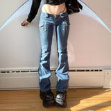 Nukty Y2K Aesthetics Retro Buttons Full Length Blue Denim Pants Women Slim Streetwear 2000s Cute Pockets Trim Low Rise Jeans
