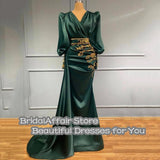 Nukty Chic Mermaid PromDress One Shoulder Beaded Lace Long Sleeves Green Satin Arabic Muslim Formal Party Dresses