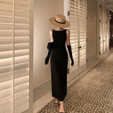 Nukty Summer Solid Color French Retro Hepburn Dress Summer One Shoulder Sleeveless Waist Slim Long Skirt Party Waist Fold