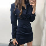 Nukty New Korean Chic Turn Down Collar Single Breast Tie vintage Dress High Waist Hip Pleat Bodycon Vestidos Solid Temperament Ropa