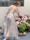 Nukty Women's Skirts Long Dress Fairy Dress French Puff Sleeve Floral Dress Sweet Gauze Bandage Beach Dress Birthday Dress for Women