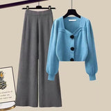 Nukty Winter Knit Sets Womens Outfits French Vintage Square Collar Knitted Sweater And Wide Leg Pants Two Pieces Sets Office Lady Sets