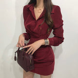 Nukty New Korean Chic Turn Down Collar Single Breast Tie vintage Dress High Waist Hip Pleat Bodycon Vestidos Solid Temperament Ropa