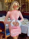 Fashion Feather Long Sleeve Crop Top Mini Skirt 2 Piece Set Women Autumn Elegant Knitted Sweater Dress Suits Streetwear