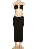 Nukty Sexy Backless Bright Bandage Dress Sets Women Halter Sleeveless Crop Top and Midi Bodycon Drawstring Skirt Set