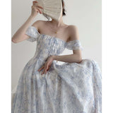 Nukty Blue and White Porcelain Printing Off Shoulder Style Backless Sweet Midi Dress Summer Backless Sexy Outfits