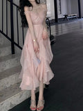 Nukty Harajuku French Korean Sweet V-Neck Camisole Sleeveless Sexy Strap Midi Maxi Dresses for Women Elegant Fairy Party Summer Pink