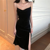 Nukty New Vintage Women Dress Spaghetti Strap Slit Velvet Black Dress Sexy Bodycon Bandage Dress Midi Party Dress Verano Vestidos