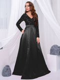 Nukty Long Sleeve V Neck Stretch Sparkle Sequin Floor Length Party Dress Slit Patchwork Ball Gown with Porckets