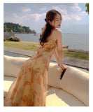 Nukty French Vintage Dress Women Elegant Backless Floral Halter Neck Midi Dress Summer Chiffon Holiday Beach Dresses for Women