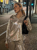 Fashion Silver Shining Long Sleeve Shirts for Women Autumn Sexy V Neck Party Club Blouse Casual High Street Outfits