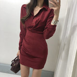 Nukty New Korean Chic Turn Down Collar Single Breast Tie vintage Dress High Waist Hip Pleat Bodycon Vestidos Solid Temperament Ropa