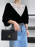 Nukty Fashion Velvet Patchwork Lace Tops Women Lantern Long Sleeve Black T-shirts Female Streetwear Pullovers Autumn Clothes