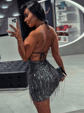 Nukty Prom Halter Backless Shiny Tight Mini Dress Women Summer Sexy Elegant Party Night Club Bodycon Sundress Wrap Dance Short Dresses