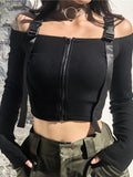 Nukty Spring T Shirt Women Long Sleeve T-shirt Crop Top Korean Fashion Style Feminina Knitted Cotton Black Sexy Short tshirt
