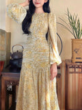 Nukty Floral Print Lace Midi Dresses for Women Clothing Elegant Long Sleeve Folds Party Prom Female Beach Bodycon Dress Summer