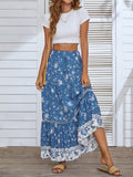 Nukty Summer Long Patchwork Print A-Line Skirt Floral Skirt Women Casual Beach Faldas Female Boho Elastic Waist Holiday Maxi Skirts
