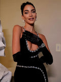 New Women Luxury Sexy Backless Sequined Sparkly Split Black Midi Bodycon Bandage Dress Elegant Evening Club Party Dress