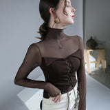 Nukty Fashion Mesh T Shirt Girls Lace-up Turtleneck Patchwork High Stretch Autumn Tee Shirts Women Trend Top