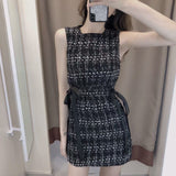 Nukty Vintage Summer Women Tweed Bandage Dresses for Women Party Sleeveless Bow O-Neck Plaid Elegant Casual Empire Bodycon Short Dress