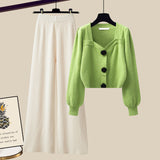 Nukty Winter Knit Sets Womens Outfits French Vintage Square Collar Knitted Sweater And Wide Leg Pants Two Pieces Sets Office Lady Sets