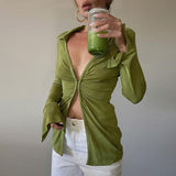 Nukty Ruched Long Sleeve Shirt Women Elegant Fashion Woman Blouses Autumn Winter Casual Long Shirt White Green Blouse Top