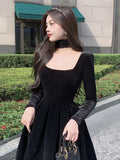 Nukty Velvet Elegant Evening Party Midi Dresses Ladies Black France Vintage Dress Women New Winter Korean One-piece Dress Autumn