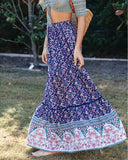 Nukty Summer Long Patchwork Print A-Line Skirt Floral Skirt Women Casual Beach Faldas Female Boho Elastic Waist Holiday Maxi Skirts