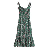 Nukty Summer New Lace Up Bowknot Strap High Waist French Vintage Printed Ruffle Dress Female Fashion Midi Dresses Women