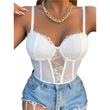 Sexy Lace Corset Cami Hollow Out Tank Top Female See Through Club Party Streetwear Sleeveless Slim Black Goth Crop Tops