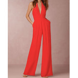 Office Ladies Jumpsuit Sexy Deep V-neck Flared Pants One-pieces Macacao Feminino Halter Strapless Pocket Simple Woman Jumpsuit