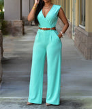 NUKTY Women Jumpsuit Lady Sleeveless Romper Bodysuit Bodycon High-waist V-neck Wide-leg Pants Irregular Suit With Belt Playsuit