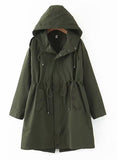 Women's Hooded Trench Coats Casual Loose Zip Closure Windbreaker Drawstring Waist Long Overcoat