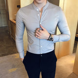 High Quality Men Black Casual Shirt Long Sleeve White Dress Shirts Slim Fit Male Stand Collar Spring Solid Color Blouse
