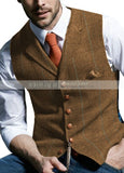 NUKTY Mens Suit Vest Notched Plaid Wool Herringbone Tweed Waistcoat Casual Formal Business Groomman For Wedding Green/Black/Green/Grey